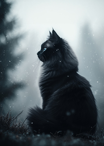 Black Cat with Blue Eyes – Serene Winter Landscape Artwork