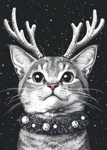 Christmas Cat with Reindeer Antlers – Festive Wall Art for Holiday Decor