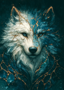 Kintsugi Spirit Wolf – Dual Nature in Gold and Blue