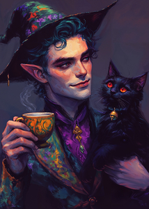 The Enchanted Tea Break – Elf Wizard with Black Cat