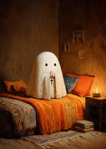 Praying Ghost in Cozy Bedroom – Halloween Oil Painting Art