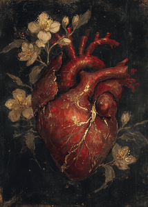 Kintsugi Heart with Golden Veins and Flowers
