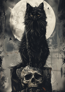 Mystic Moonlit Feline - Gothic Black Cat with Skull Artwork
