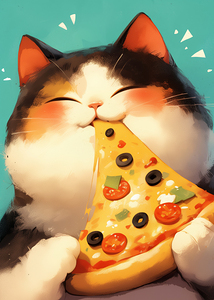Delightful Calico Cat Savoring a Cheesy Slice