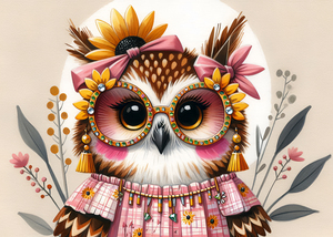 Fashionable Owl with Sunflowers 