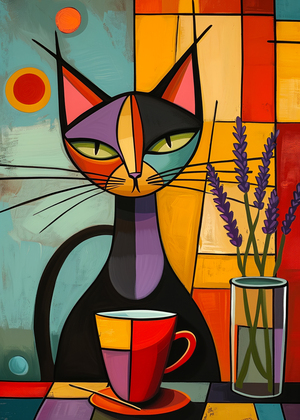 Colorful Whimsy: Abstract Cat & Coffee