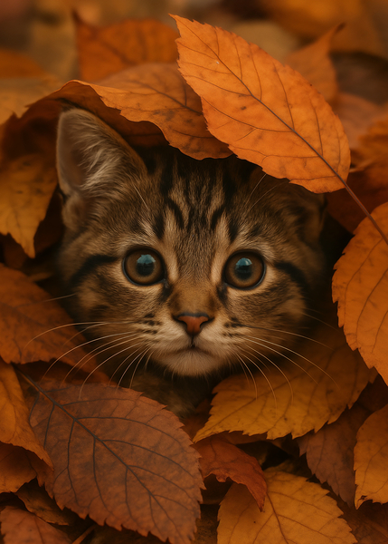 Cute Tabby Kitten in Autumn Forest Leaves Print
