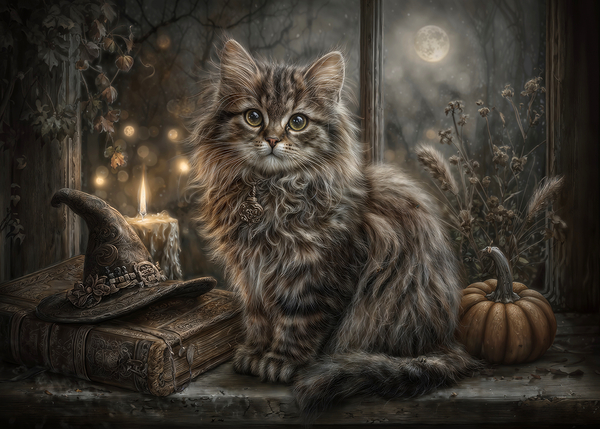 Halloween Cat with Witch Hat Print