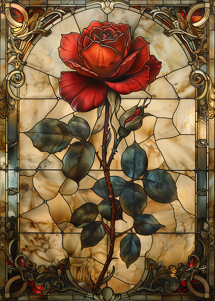 Crimson Elegance Stained Glass Red Rose Print