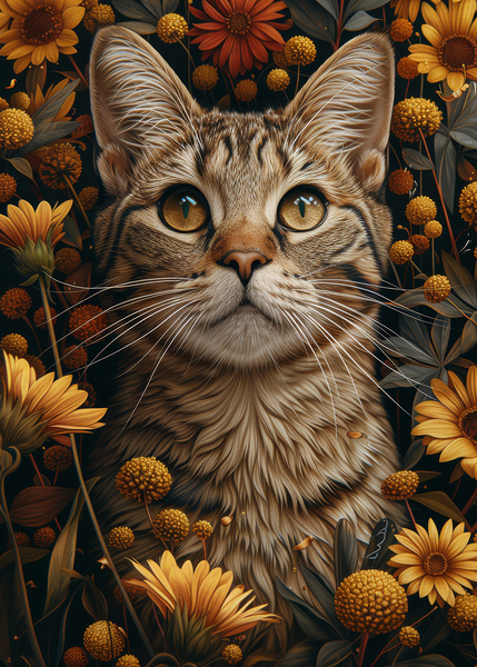 Tabby Cat in a Flowers Garden Print