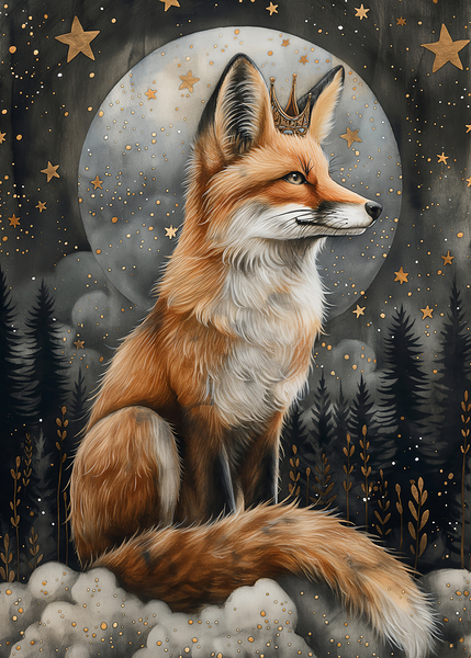 Whimsical Regal Red Fox in Mystic Moonlight Print