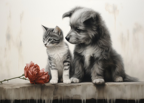 Vintage Kitten and Puppy Friends Forever Print