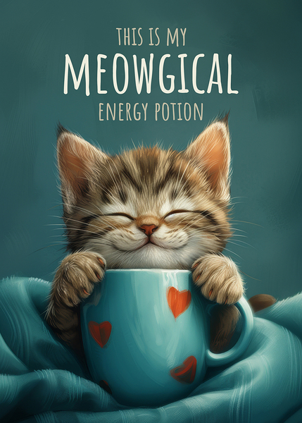 Cute Grey Tabby Cat with a Coffee Cup Print