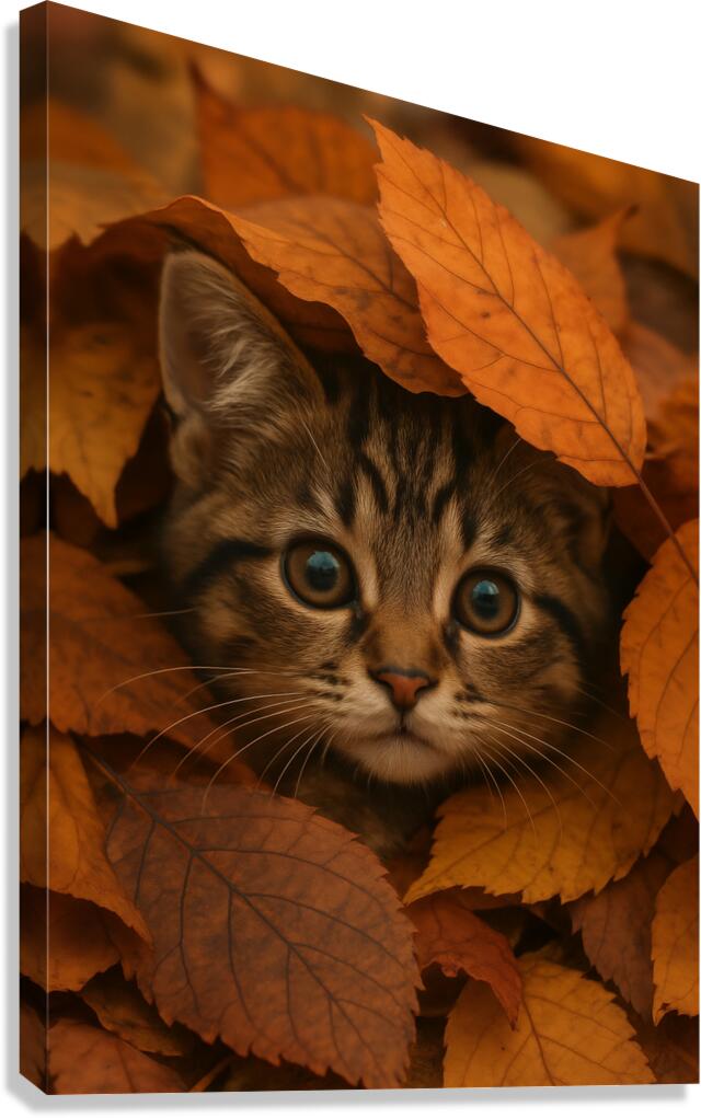 Cute Tabby Kitten in Autumn Forest Leaves Canvas Print