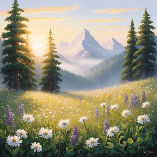 Golden Dawn: Tranquil Mountain Meadow Print
