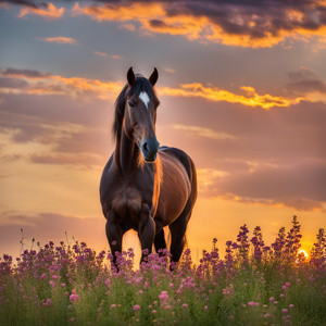 Horse in a field of flowers