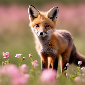Fox kit standing in flowers