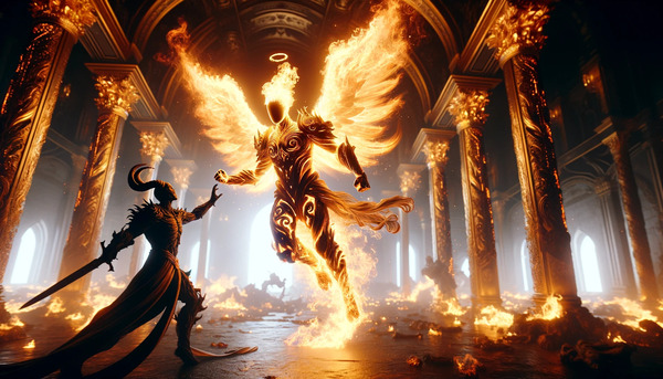 Angel made of fire Fighting a demon by Slevin