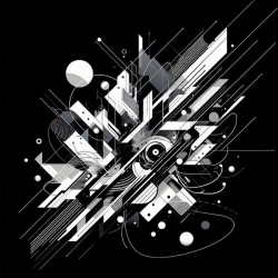 An abstract wall art painting with complex shapes in black and white