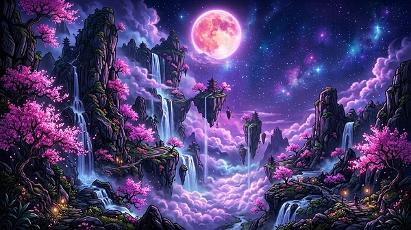 Mystic Sakura Fantasy Landscape with Floating Islands and Pink Moon by Metal ART