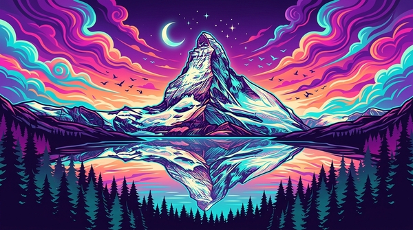 Neon Dreamscape Mountain Reflection Canvas Print | Psychedelic Alpine Lake Wall Art | Vibrant Fantasy Landscape by Metal ART
