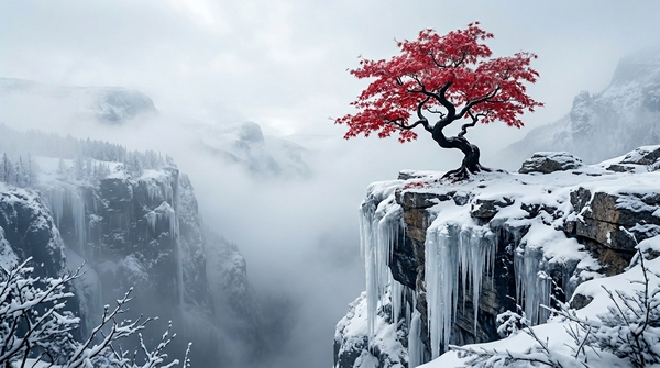 Crimson Japanese Maple on Frozen Cliff – Dramatic Winter Landscape by Metal ART