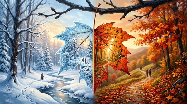 Split Maple Leaf: Winter Meets Autumn Magical Landscape by Metal ART