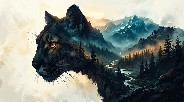 Double Exposure Mountain Lion & Misty Mountain Landscape at Sunset by Metal ART