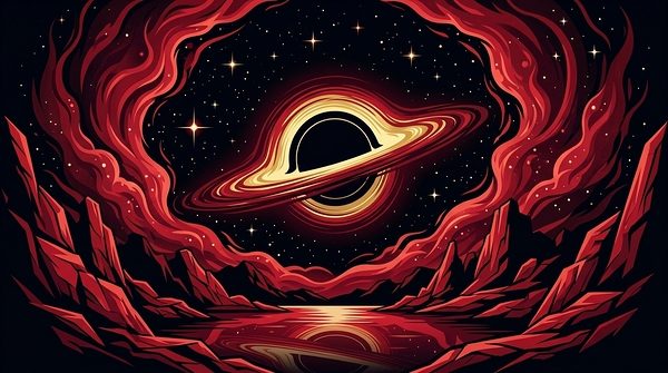 Black Hole in Red Fiery Nebula with Reflective Cosmic Landscape by Metal ART