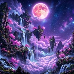 Mystic Sakura Fantasy Landscape with Floating Islands and Pink Moon