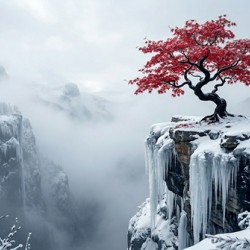 Crimson Japanese Maple on Frozen Cliff – Dramatic Winter Landscape