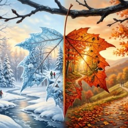 Split Maple Leaf: Winter Meets Autumn Magical Landscape