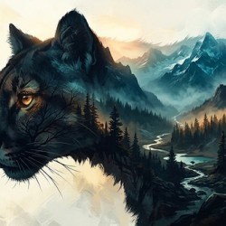 Double Exposure Mountain Lion & Misty Mountain Landscape at Sunset