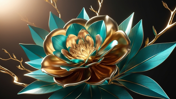 Golden Bloom: Futuristic Floral Elegance in Teal & Gold by chromadreamstudio