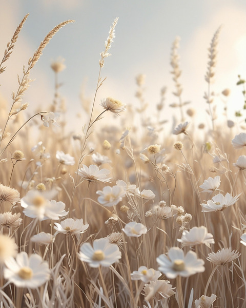 Whispers of Calm – Neutral Wildflower Field Wall Art Beige & Cream Tones by chromadreamstudio