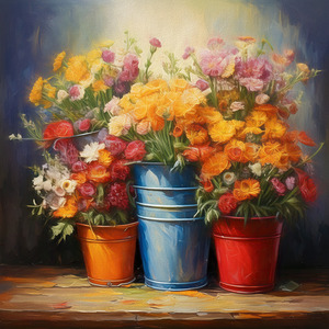 A Picture of Posies in Pretty Pails 