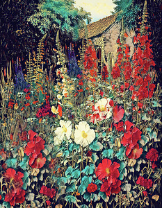 Hollyhocks Guard the Stone House