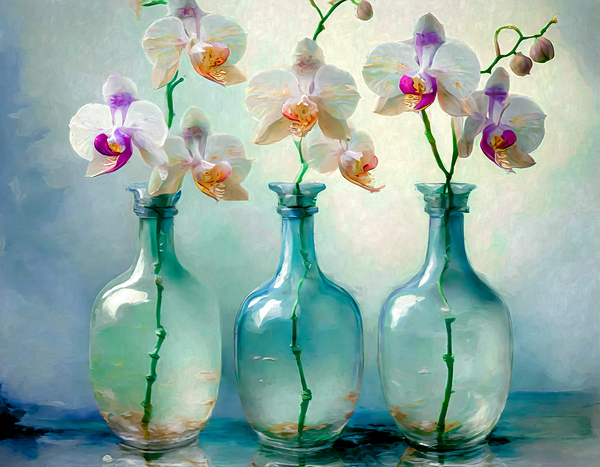 Orchids in Green Vases by Thea Menagh