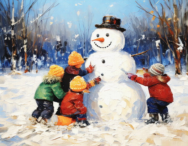 Youngsters Building a Snowman Print