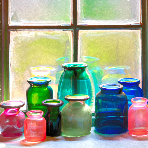 Old Glass Jars in the Window by Thea Menagh