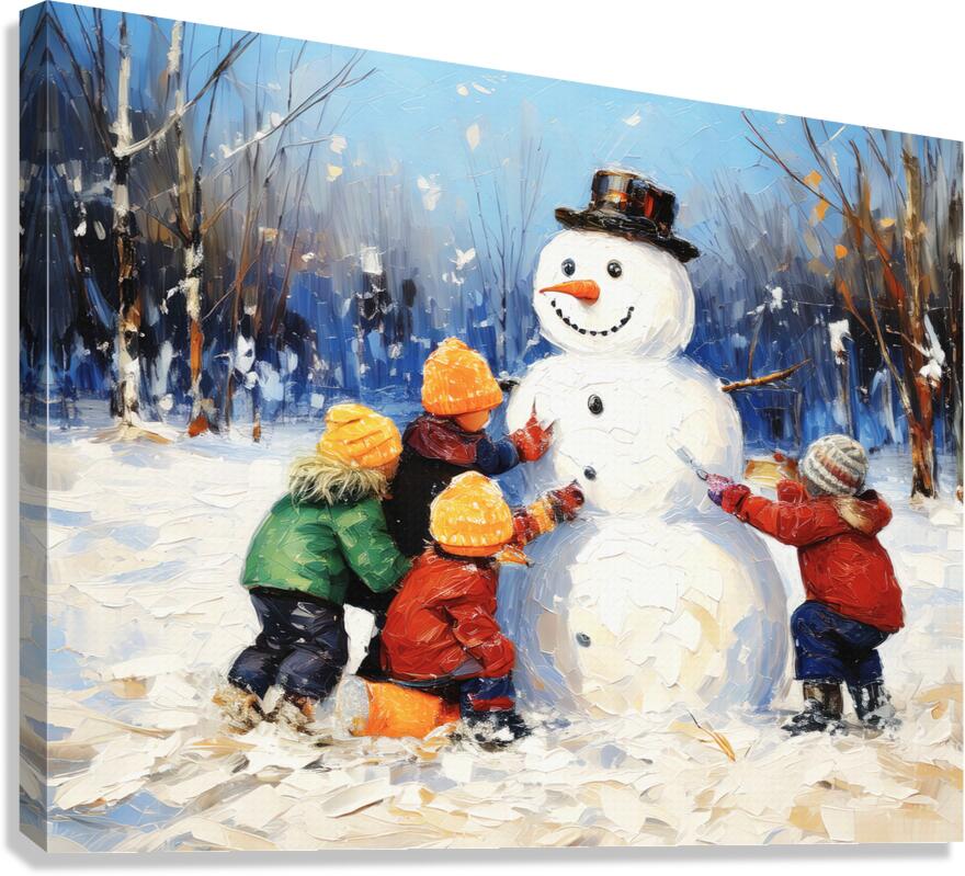 Youngsters Building a Snowman Canvas Print