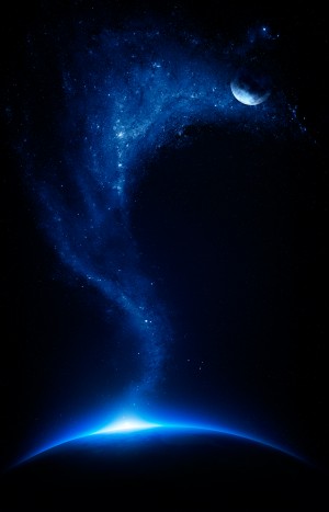 Earth and moon interconnected with starfield