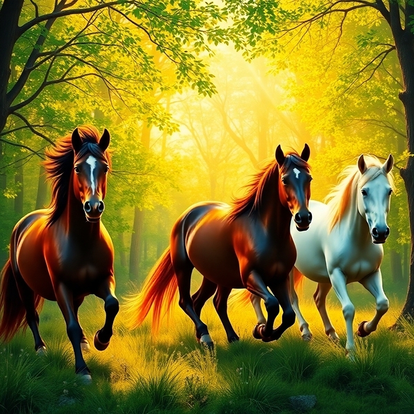 Bright vibrant colors depicting wild horses in a Print