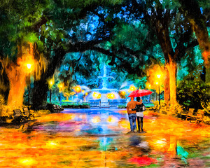 Forsyth Park Fountain on a Romantic Rainy Night in Savannah Georgia