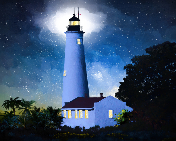 Night Time View of St Marks Lighthouse - Florida Coast Landscape Print