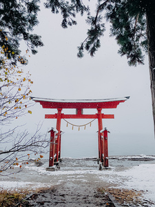 Snowy day at a traditional Japanese Torii gate