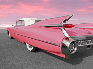 Pink Cadollac Tail Fins at Sunset