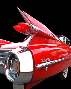 Red Cadillac Sedan de Vile Tail Fins 1959