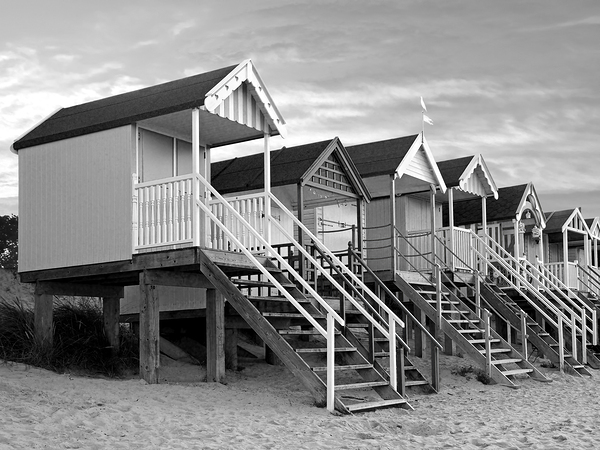 Beach Huts Sunset in Black and White Print