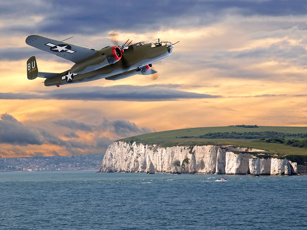 Mission Complete B-25 Over White Cliffs of Dover Print